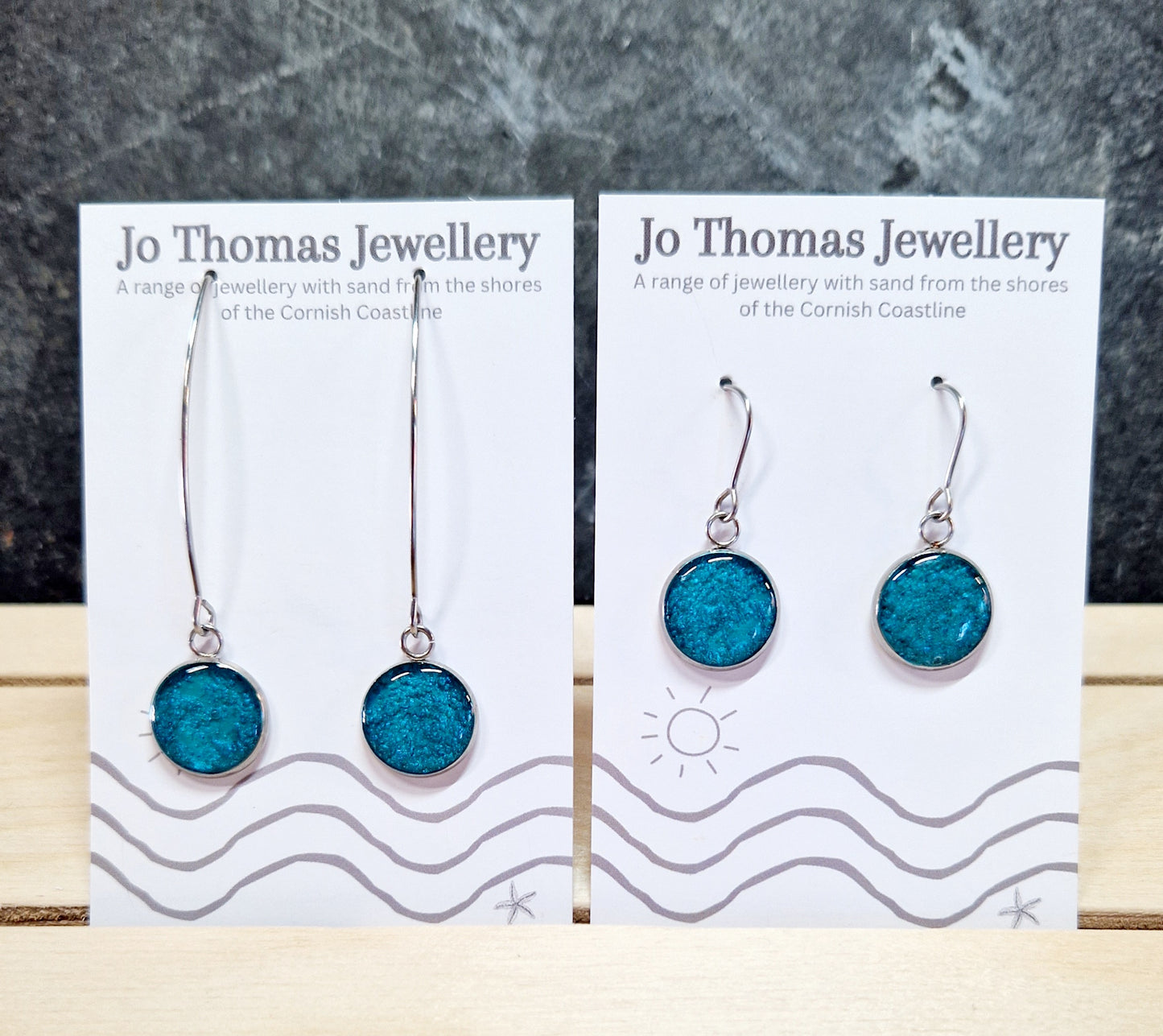 Cornish sand Round drop earrings Sea Blue Pearl £8-£10