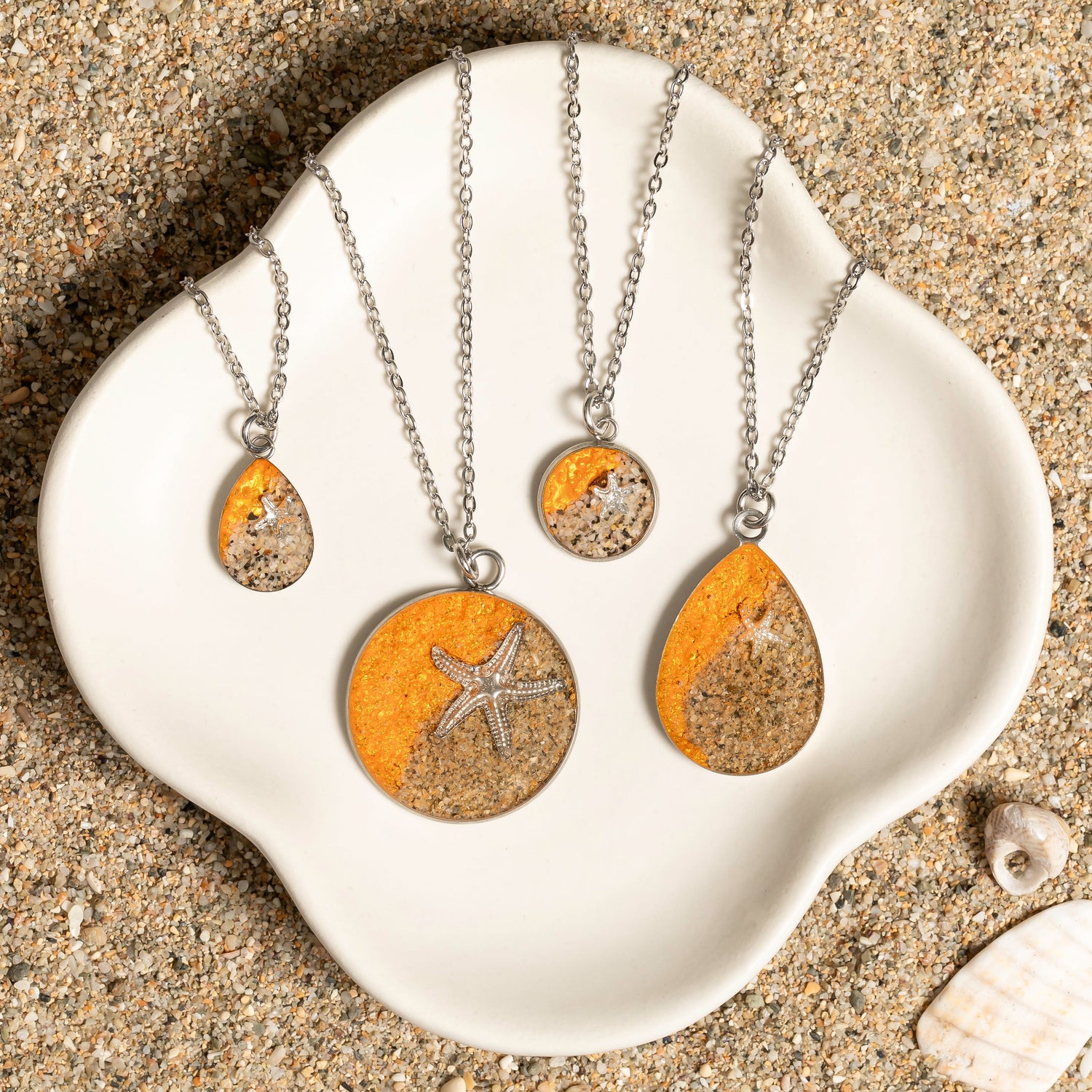 Cornish Shoreline Pendants with charms-Shell Starfish Seahorse Fish