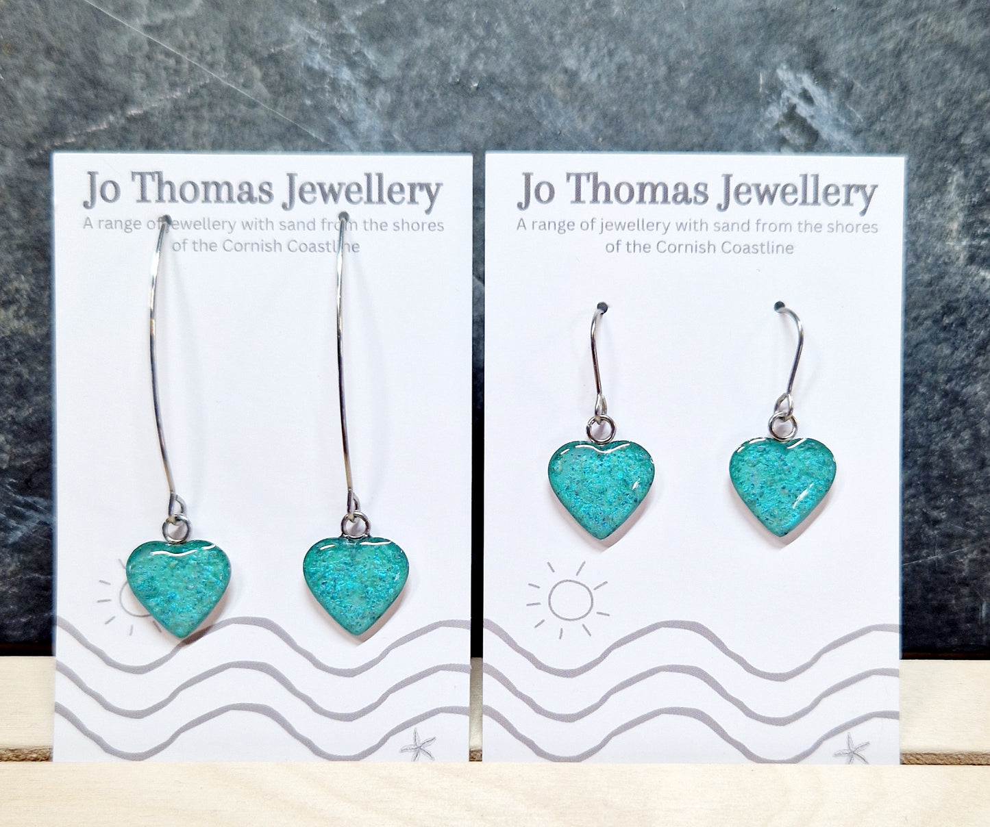 Cornish sand Heart drop earrings Sea Green pearl £8-£10